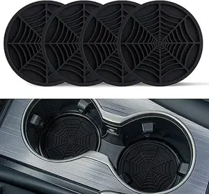 4PCS Spider Web Car Coasters for Cup Holders, Halloween Funny Non-Slip Silicone Insert Ornaments Coasters, (Black)
