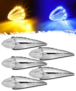 Partsam 5PCS Amber/Blue Torpedo Cab Marker Lights, Chrome Roof Running Lights, 8 LED Top Clearance Lights with Dual luminance Compatible with International/Peterbilt/Freightliner/Mack