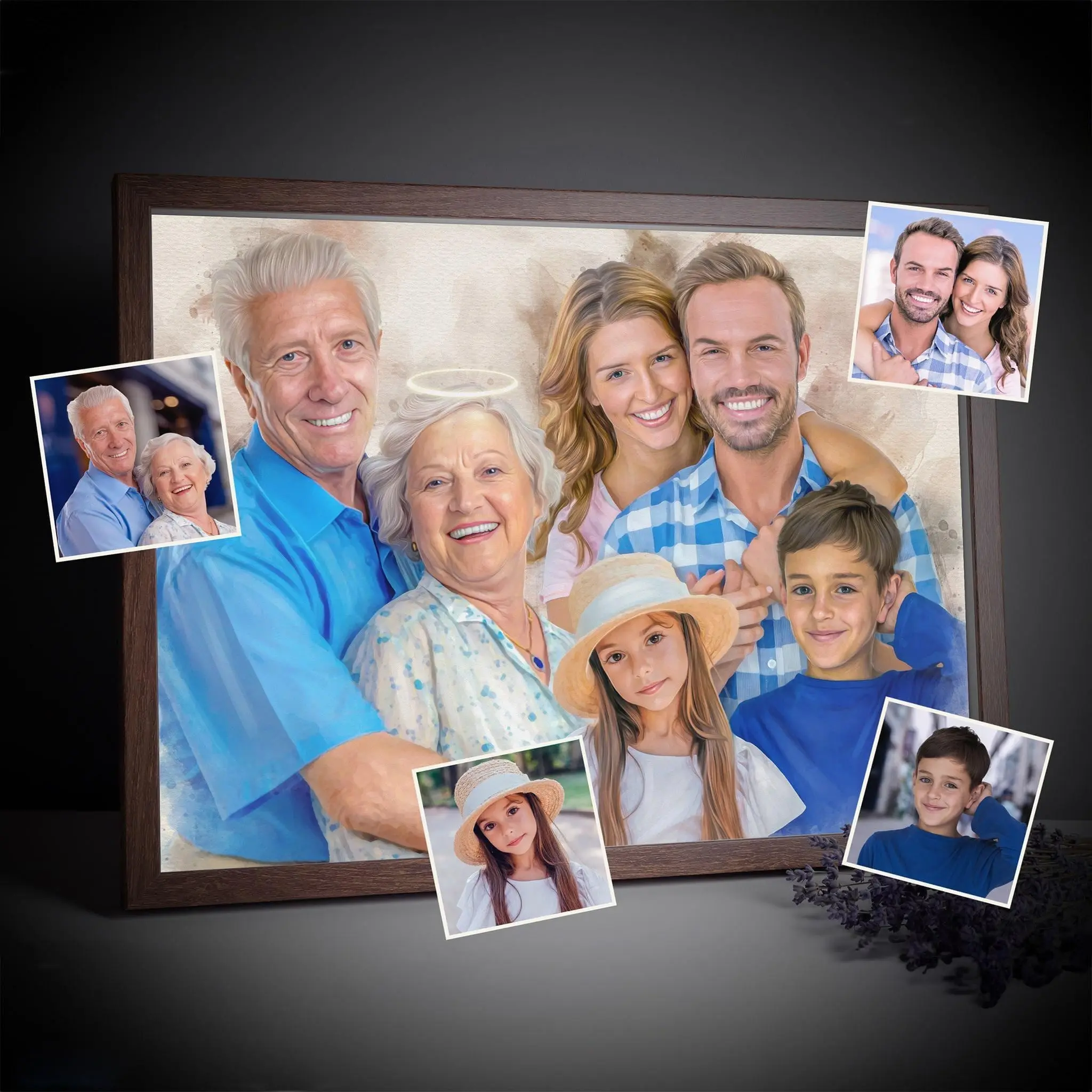 Custom Memorial Painting Gift, Decorative Painting (with Frame), Add Deceased Loved one to Photo, Personalized Illustration Print, Combine Photos of Kids, Family Portrait