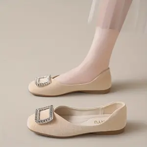 Women's Fashion Mary Jane Slip-On Shoes - Beige with Rhinestone Buckle, Soft Sole Casual Walking Flats, Portable for Outdoor Hiking