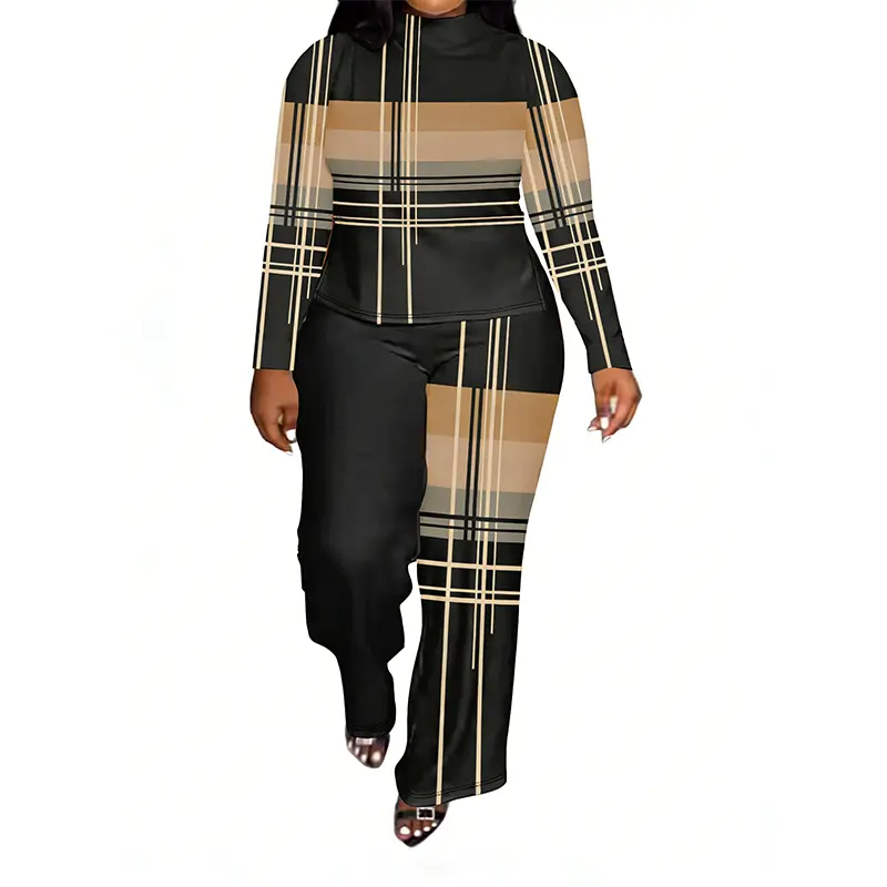 Plus Size Women Fashion Striped Print Matching Outfit Relaxed Long Sleeve Shirt and Wide Leg Pants Comfortable Soft Touch Fabric Casual Chic Two Piece Set for Daily Wear Travel Holiday Lounge Outdoor Activities Spring Summer Fall Style