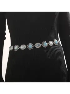 European and American style waist chain for women, decorative thin belt, simple and versatile to match with dresses silver Ethnic style hollow pattern imitation turquoise fashion skirt belt with tassels