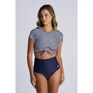 Hibiscus Island Crop Swim Crop Top | White/Navy Stripe