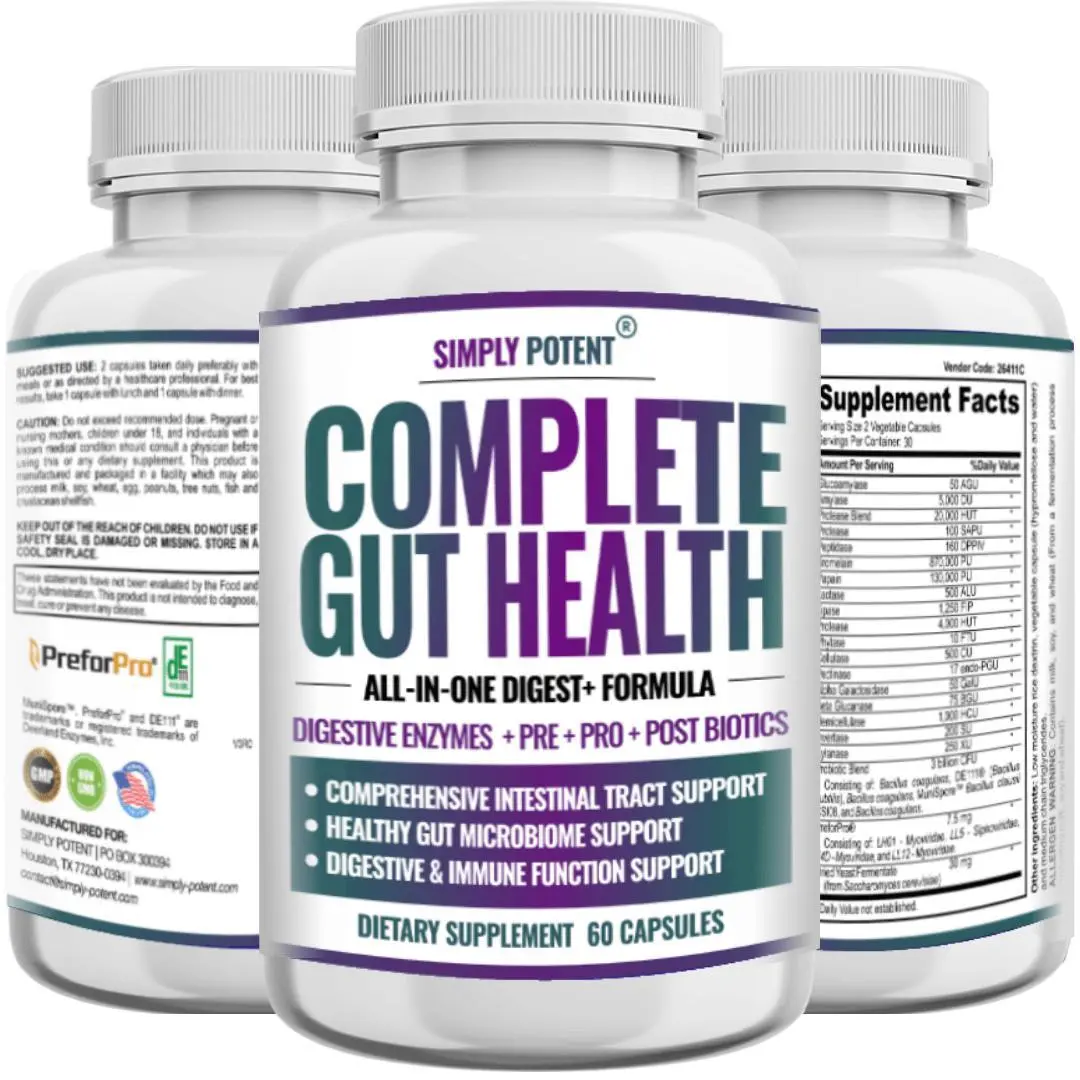 Simply Potent Complete Gut Health Dietary Supplement Capsules - Prebiotic, Probiotic, Postbiotic Vitamin Support - 60 Edible Capsules for Intestinal Tract Care (1 Bottle)