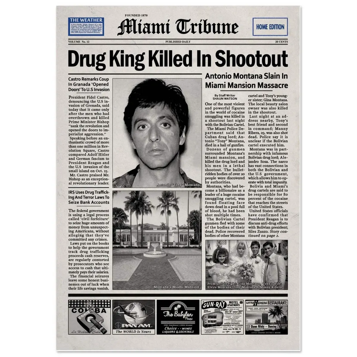 Scarface Newspaper Poster Print - Vintage Mafia Movie Collectible, Light Weight Artistic Archival Paper Wall Decor (24x36 Multi-Size, Framing Option) for Movie Enthusiasts, House & Office Gifts, Abstract Art