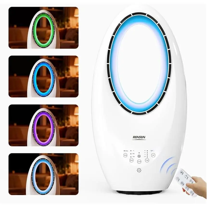 ROVSUN 22inch Bladeless Tower Fan, Quiet Smart Bladeless Fan with Mood Lighting, 60°Oscillating Cooling Fan with 3 Speeds, 7.5H Timer, Compact Tower Fan with Remote, Safe Design for Home, Bedroom