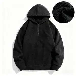 Black Sheepskin Faux Fur Half Zip Hoodie Winter Warm Fleece Pullover Coat Loose Casual Jacket Plush Lambswool Semi-zipper Design for Cozy Stylish Wear