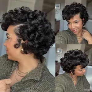 Black Women's 13x4 Lace Front Synthetic Wig, Short Pixie Cut Curly Afro Hairpiece, Natural-Looking, Breathable, Lightweight & Comfortable for Daily Wear