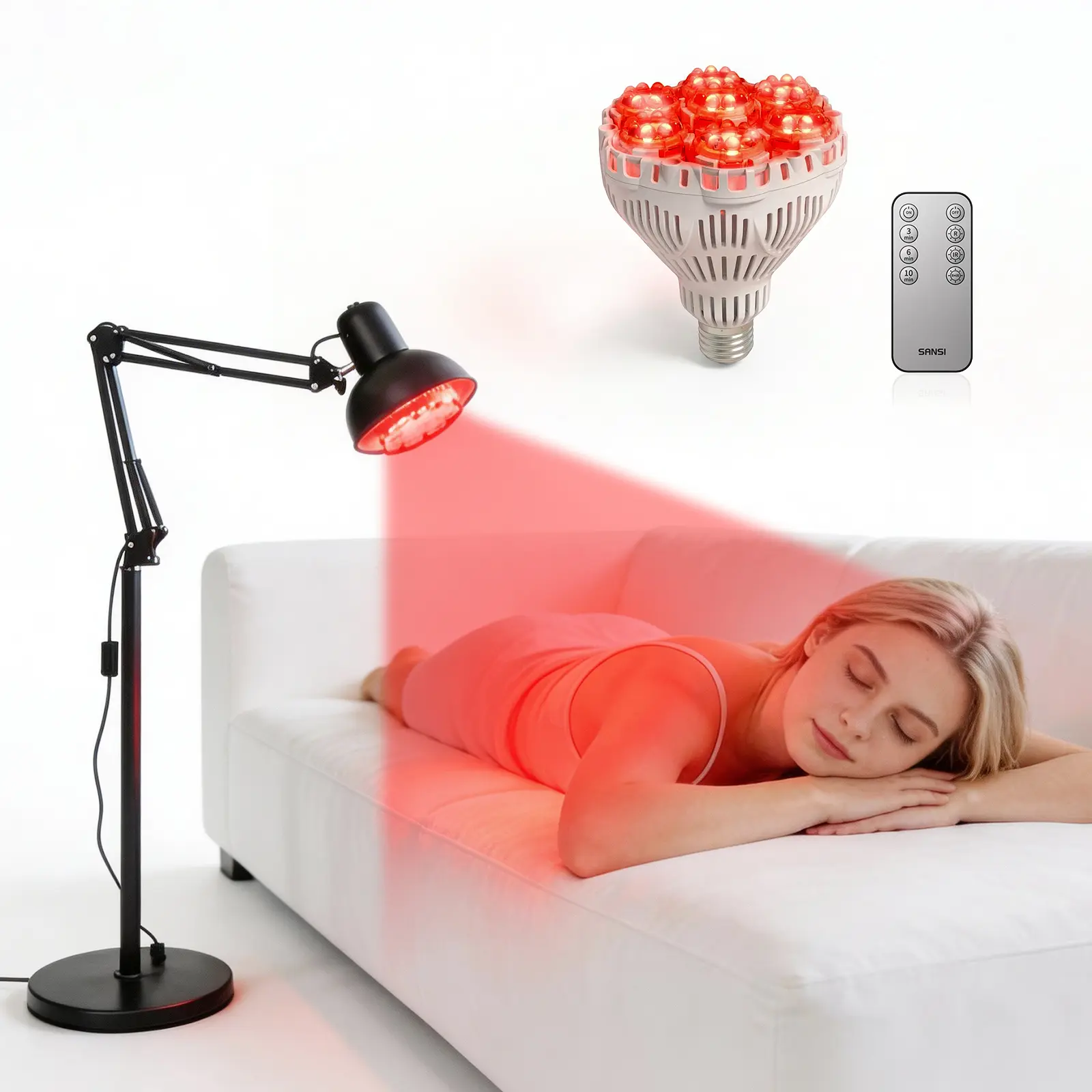 SANSI Red Light Therapy Lamp with Stand, 56 Dual-Chip 660nm-850nm LEDs, 32W High Irradiance Infrared LED Lighting Solutions, Wireless AC-Powered, for Stress Relief, Healthcare Treatment, Skin Care