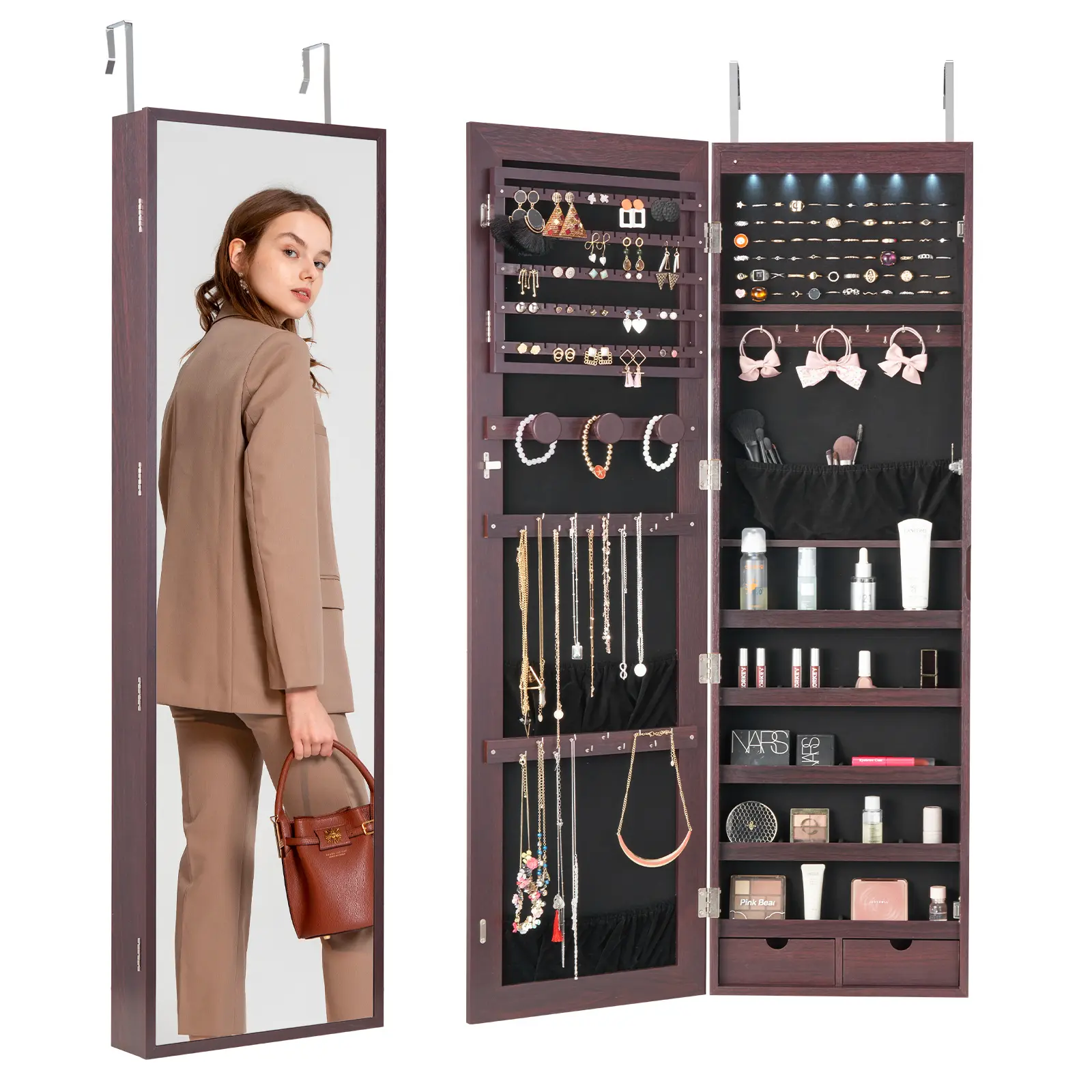 【summerfinds】VEVOR Mirror Jewelry Cabinet, 47.05-Inch Tall Lockable Jewelry Cabinet Armoire with Full-Length Mirror, Wall or Door Mounted Jewelry Mirror Organizer with LED Interior Lights and Velvet Lining, Brown