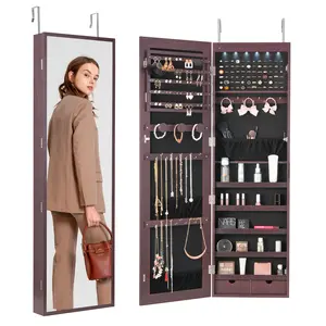 VEVOR Mirror Jewelry Cabinet, 47.05-Inch Tall Lockable Jewelry Cabinet Armoire with Full-Length Mirror, Wall or Door Mounted Jewelry Mirror Organizer with LED Interior Lights and Velvet Lining, Brown