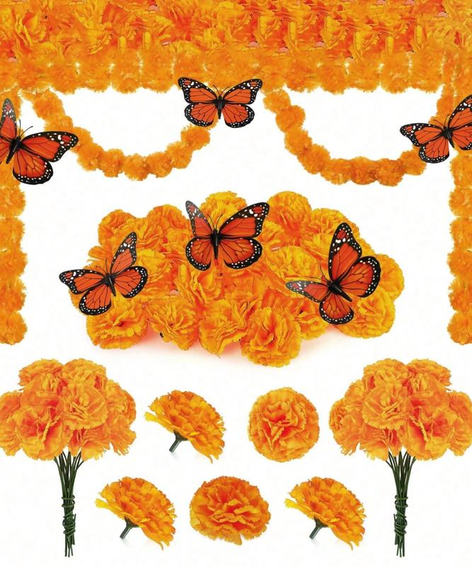 32Pcs Orange Artificial Marigold Butterfly Set Day Of The Dead Faux Flower Halloween Artificial Flower Head Marigold Garland For Diwali Decor, Traditional Decor, Marigold Garland For Decoration, Diwali Decorations For Home