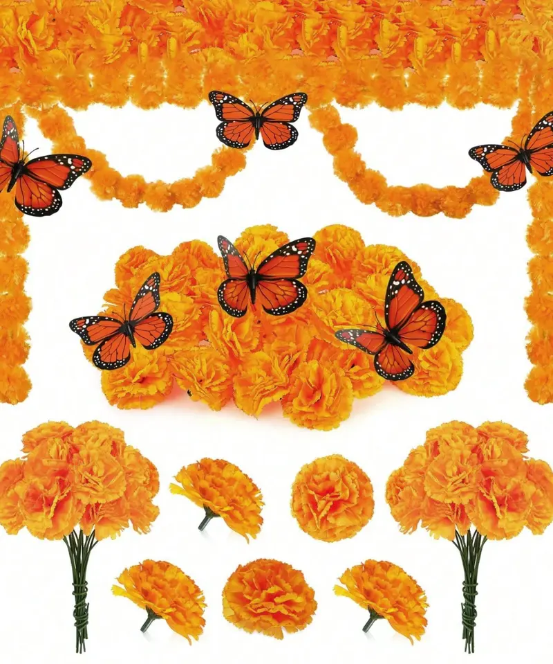32Pcs Orange Artificial Marigold Butterfly Set Day Of The Dead Faux Flower Halloween Artificial Flower Head Marigold Garland For Diwali Decor, Traditional Decor, Marigold Garland For Decoration, Diwali Decorations For Home