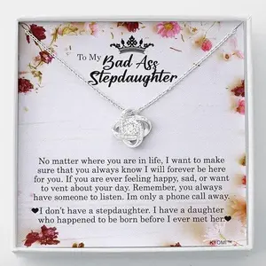 To My Badass Stepdaughter Love Knot Necklace, Stepdaughter Pendant Necklace Gift, Jewelry Gift Box with Message Card, Stepdaughter Gifts From Stepmom