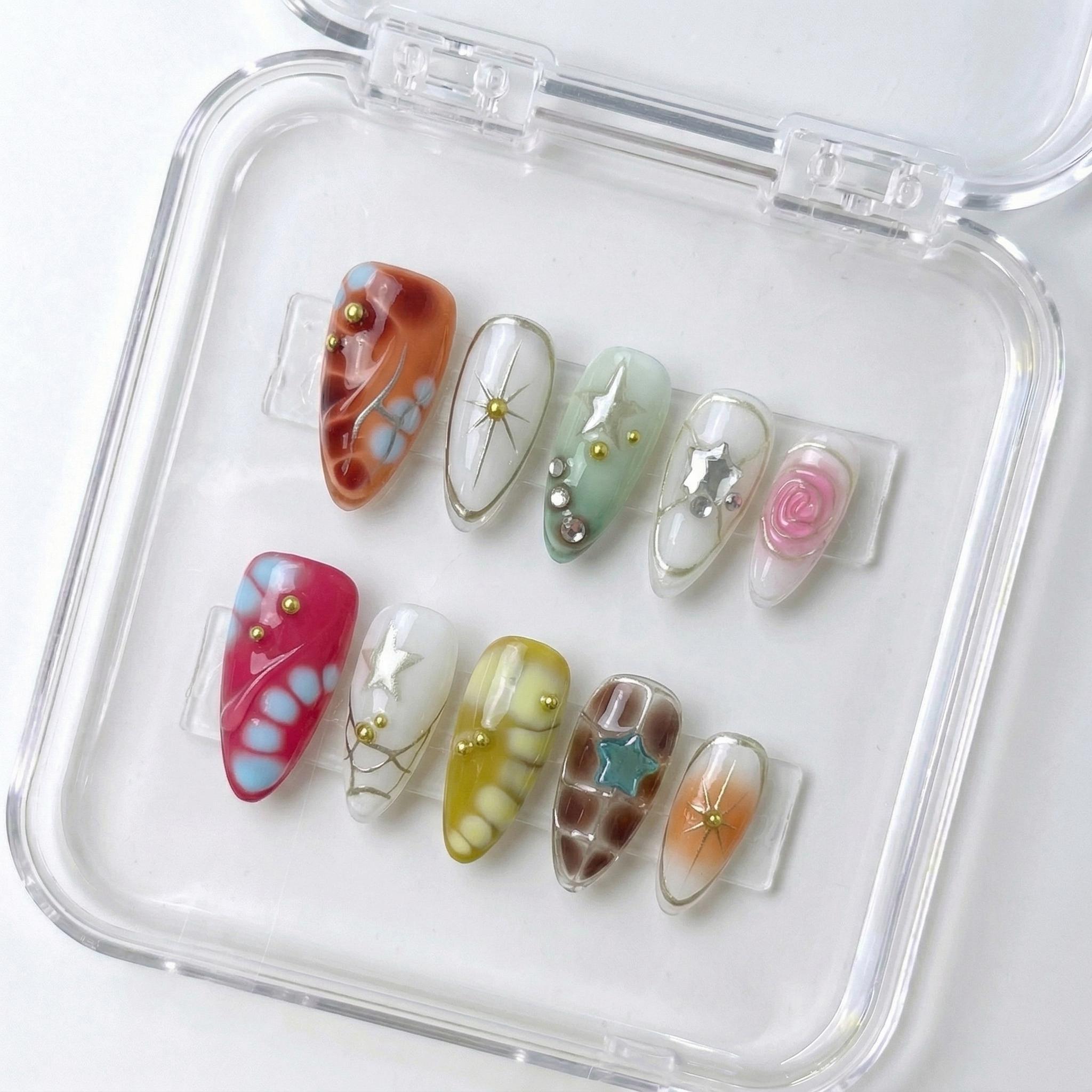 NAILS HAVEN Short Almond Press On Nails 10Pcs Cute Handmade Acrylic Nails Reusable Nail Art With Charms Easy Application Manicure Cutics Manicure