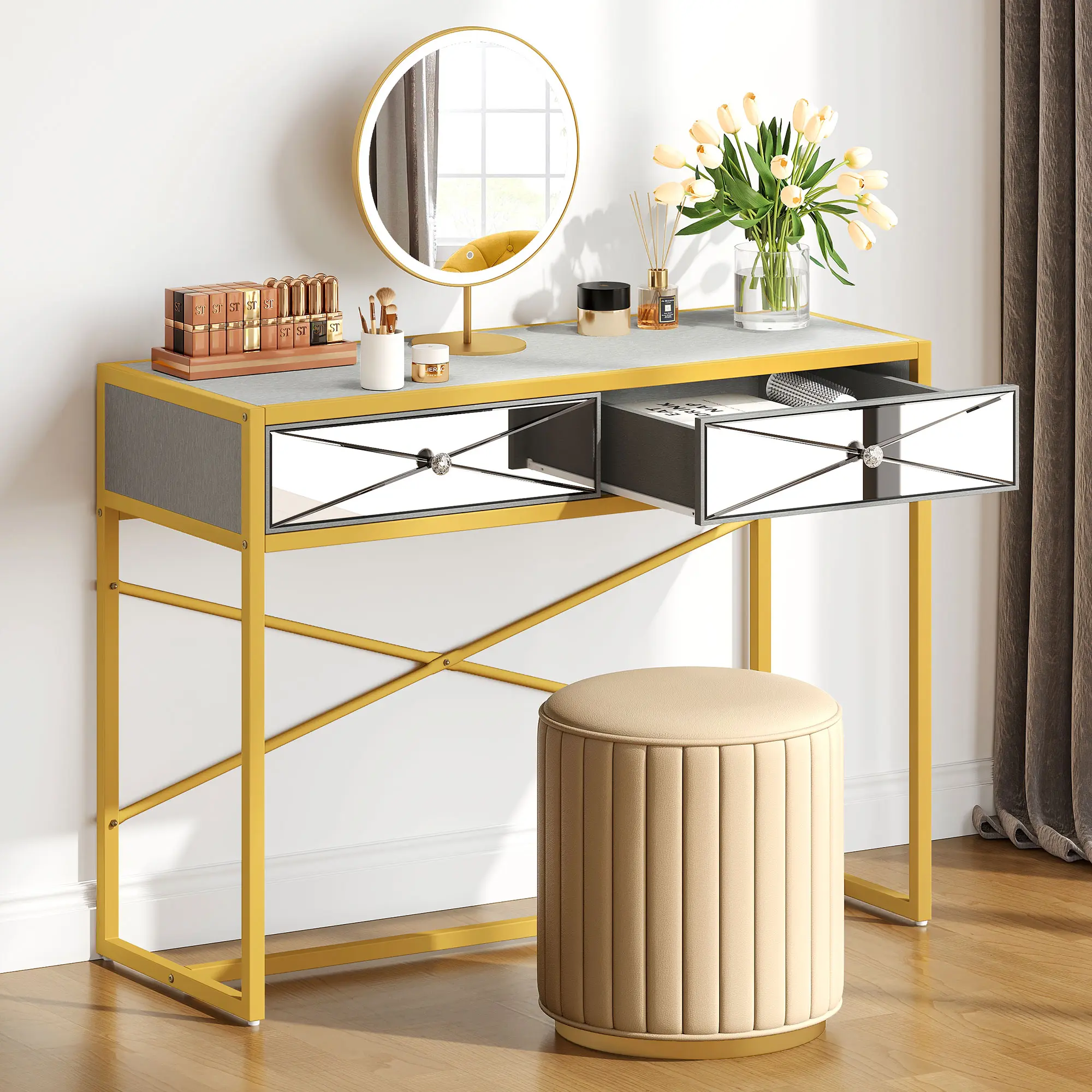 YITAHOME Sturdy Rectangle Makeup Dressing Desk - Acetone-Resistant Nail Tech Station for Nail Techs, Spa, with 2 Drawers, Modern Mirror (Gold)