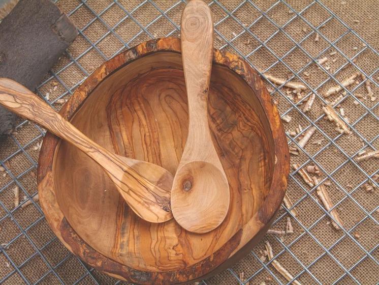 Large Olive Wood Bowl handmade with 2 Salad Servers, Olive Wooden Bowls Handmade, Fruit Bowls, Wooden Salad Bowl