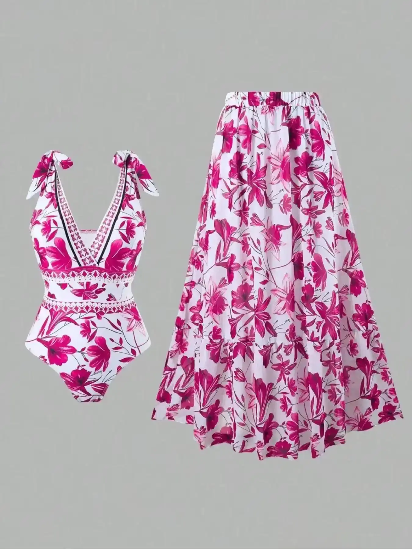 Women's Floral Print Adjustable Strap Swimsuit with Skirt Overlay, Fashion Women's Swimwear for Beach and Vacation, Vibes, Quick Dry, Swimming, Beach Day, Resort Essential, Ocean Love, Flattering Fit relaxed style