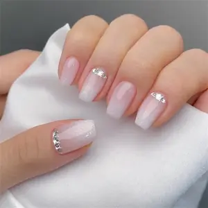 Glossy Shiny Rhinestones Gradient Fake Nails With Jelly Glue & Rubbing Strip, 24pcs Artificial Full Covers Nail Art Kit