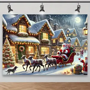 Santa Claus Sleigh & Snowy Village Photography Backdrop - Polyester, Perfect for Christmas Themed Shoots & Festive Decor