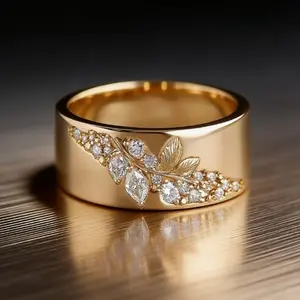 Stylish retro gold wide ring, beautifully set with shiny synthetic zircon leaf ring, ladies' daily party holiday luxury ring jewelry, anniversary gift men's