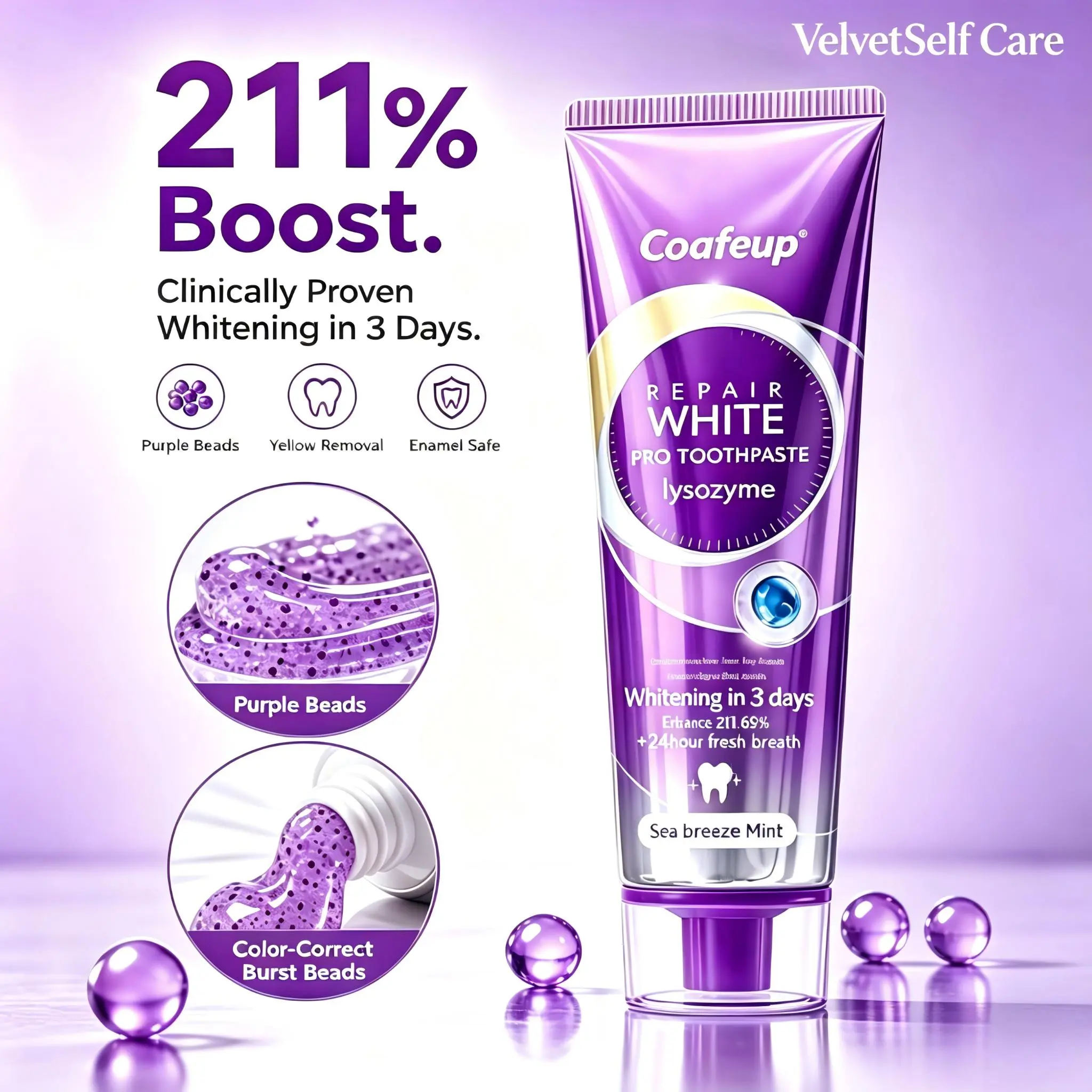 VelvetSelf Care  Pro Lysozyme Series Dental Whitening Toothpaste - 10x Brightening Effect, 3-Day Visible Results, Dental Enamel Repair, Stain Removal, 24-Hour Fresh Breath Oral Care, Dental Whitening Toothpastes