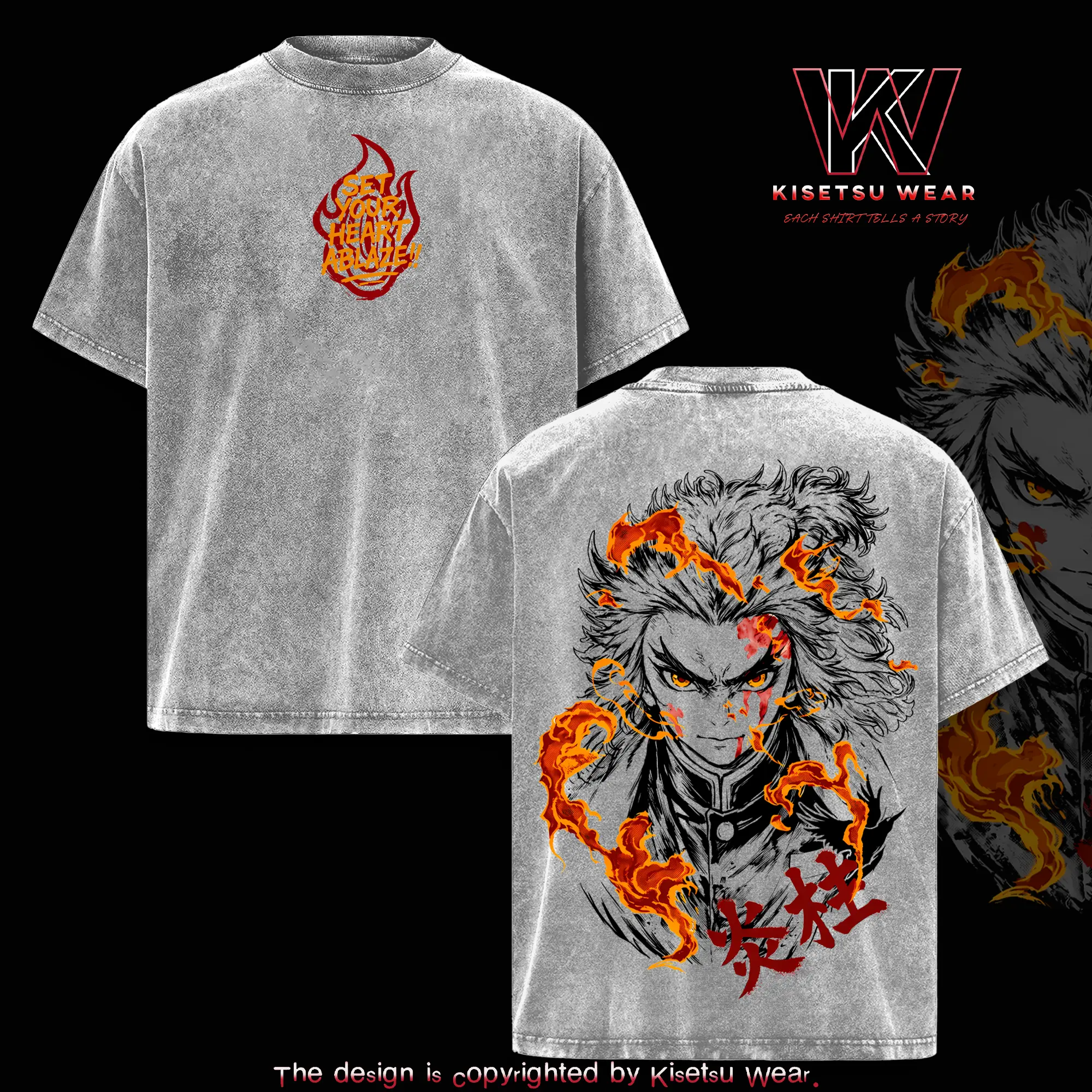 Rengoku Tribute T-Shirt – Vintage Washed Flame Hashira Mugen Train Anime Graphic Tee, Set Your Heart Ablaze Emotional Manga Art, Oversized Soft Cotton Streetwear, Unisex Casual Apparel, Gift for Demon Slayer Fans