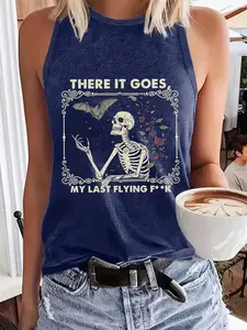 Women's Skeleton Graphic Print Round Neck Tank Top, Casual Sleeveless Crew Neck Top for Summer, Ladies Clothes for Daily Wear, Socks