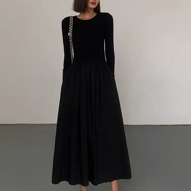 COMMENSE Women's Plain Solid A-Line Crew Neck Long-Sleeve Pull-On Pocket Design Casual Dress