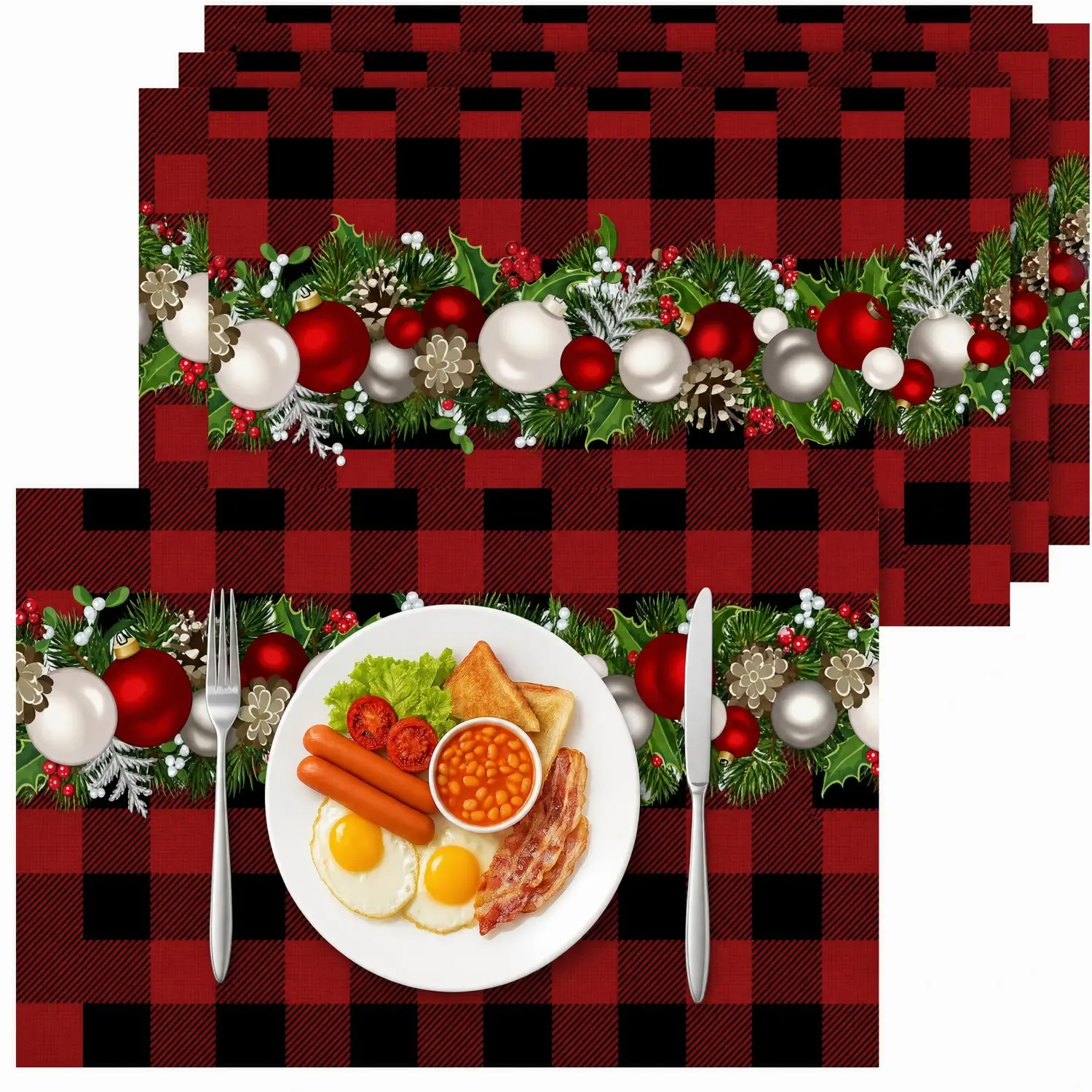 4 Pack Buffalo Plaid Christmas Placemats, 12 x 18 Inch Checkered Table Mats, Reusable Holiday Table Decor, Perfect for Dining Table, Kitchen Home Christmas Party Decoration