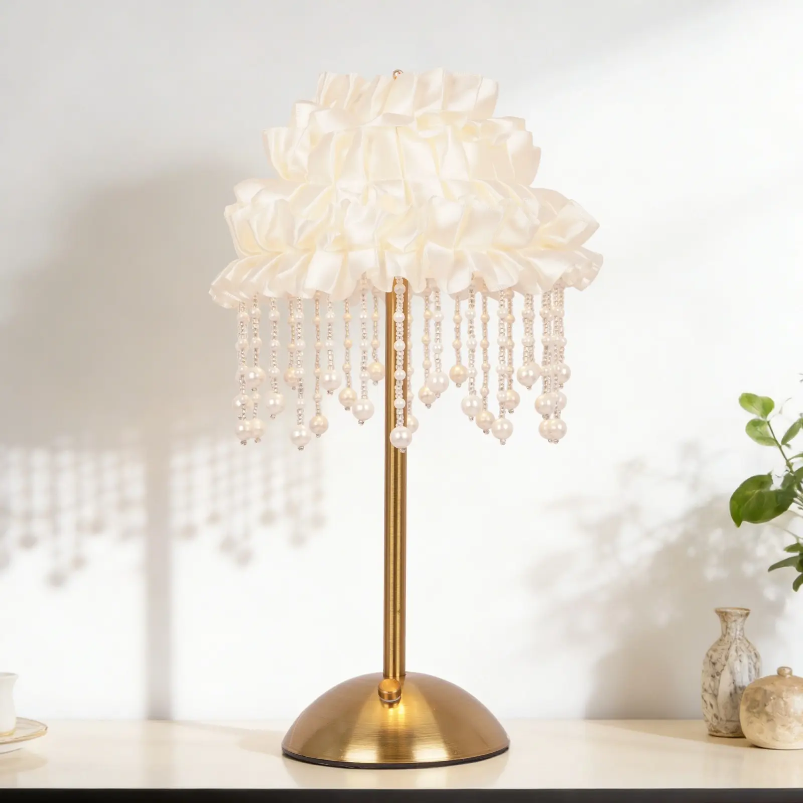 12.6-Inch Ruffled Fabric Ambient LED Table Lamp, Gold Metal Touch, USB Rechargeable, 3-Color Dimmable, Crystal Pearl Tassel Nightstand Lamp for Bedroom Vanity, Ambient Led Table Lamps
