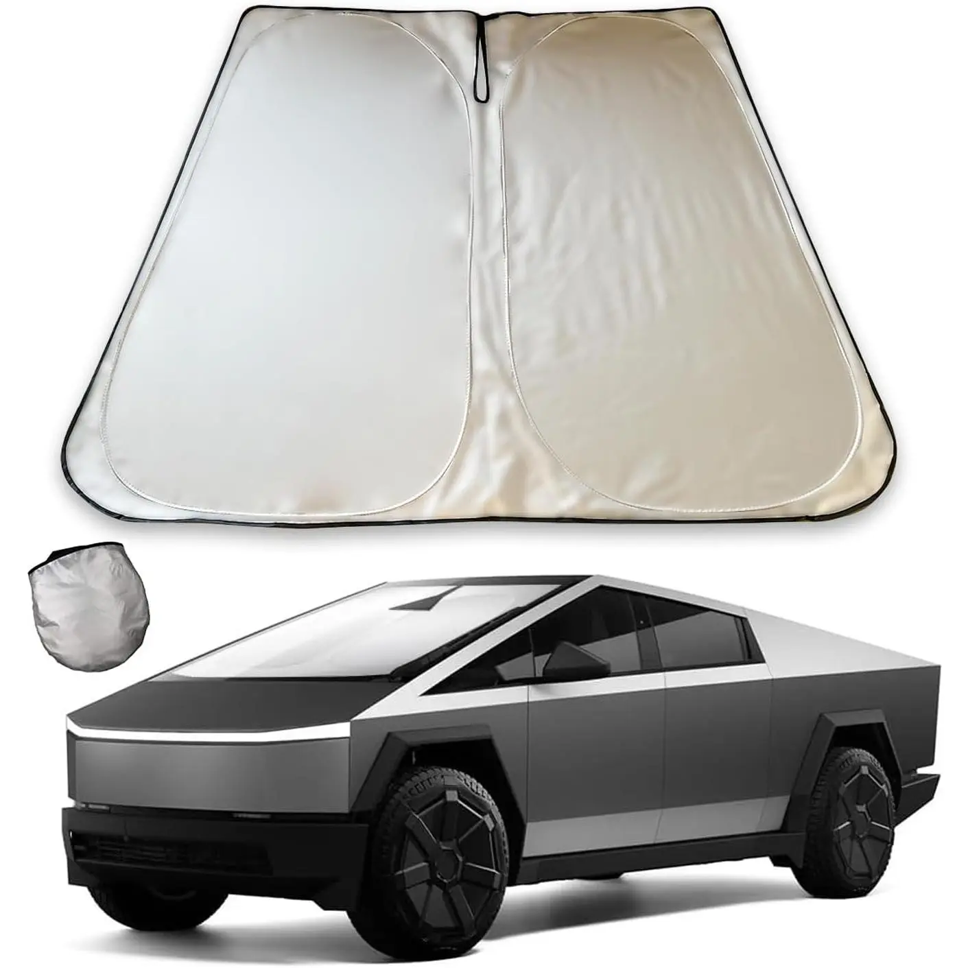 Front Windshield Sun Shade for Tesla Cybertruck 2024-2025, Custom Precise Cut Reflective Heat Fabric Protector, Durable & Lightweight Foldable UV Block Accessory with Storage Bag