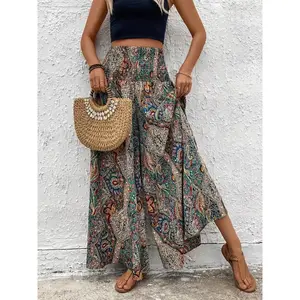 Plus-size women’s wide-leg pants with an all-over print featuring bohemian-style ethnic patterns, a fitted high waist, and straight legs, designed like a shirt.