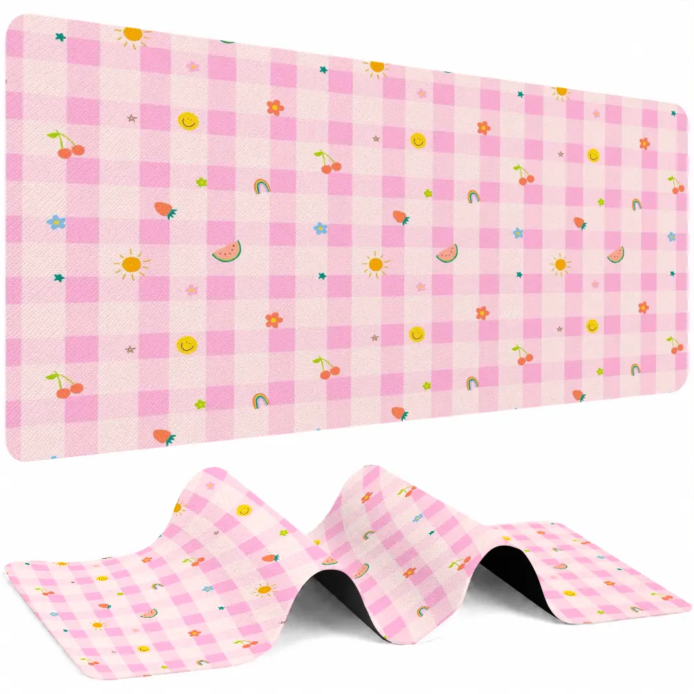 Natural Rubber Kitchen Desk Mat, 12 × 24 In/16×32 in (40×80 cm) Fabric Top, Stylish Checkered Fruit Design with Pink Strawberry & Cute Cherry, Durable Stitched Edges, Large Area Accessory for Everyday Work/Study
