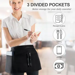 Server Waitress Waist Apron - Half Apron with 3 Pockets,Black Short Aprons for Servers,Waiter Apron