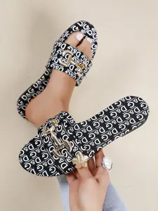 Women's Fashion Casual Comfort Solid Color Open-Toe Letter Print Slip-On Flat Sandals, PU Leather, Rubber Sole, Less Than Ankle Height
