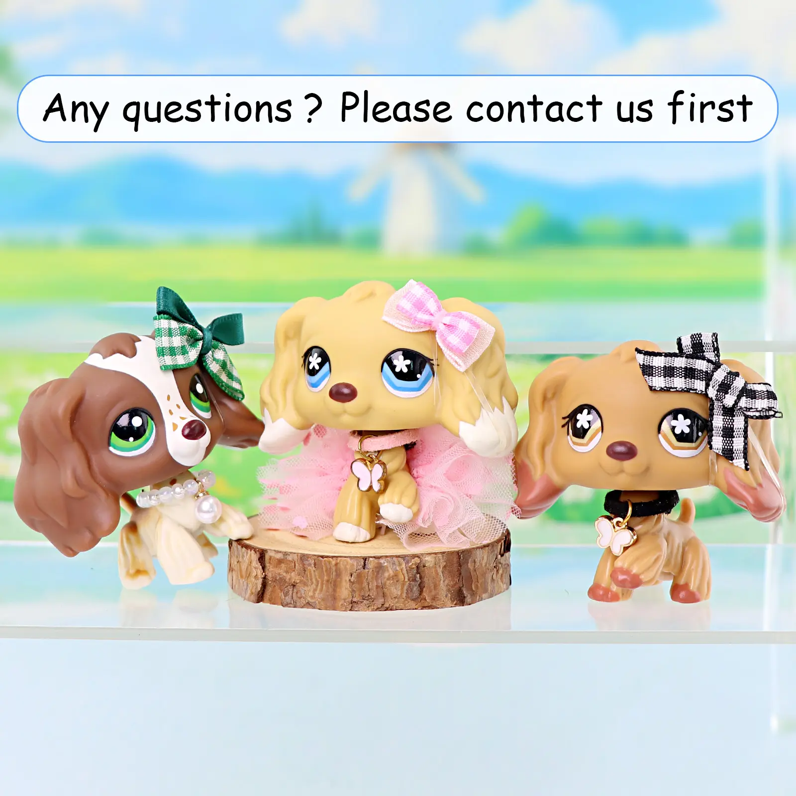3 Pcs Mini Spaniel Dog Figurines Set, Cute Cartoon Puppy Toy Figures with Plaid Bows, Pearl Necklace, Tutu Skirt & Butterfly Collar Accessories, Collectible Small Animal Statues, Kids Pretend Play Toy, Cake Topper & Desktop Decor