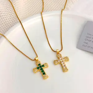 2PCS Necklaces Cross Necklace for Women Fashion Light Luxury Full Zircon Emerald Pendant Versatile Trendy Style Accessory O-shaped Chain