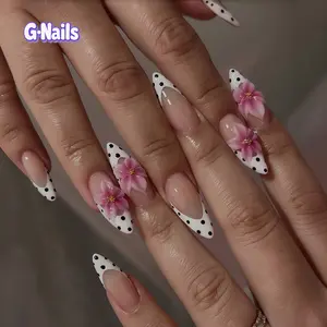 G Nails B06 Spring Polka Dot 3D Floral 10pcs Handmade Press On Nails with Glue & Tool Kit for Everyday Spring Manicure Women Pinknails Almondnails Reusablenails Springnails