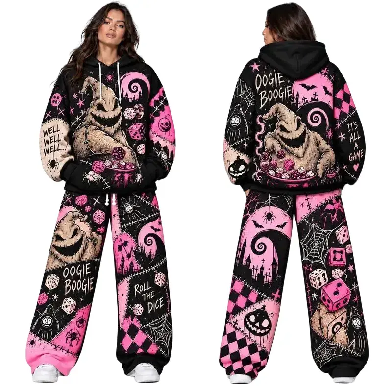 Oogie Boogie Halloween Hoodie & Sweatpants Set, Nightmare Before Christmas Inspired Graphic Tracksuit, Dice Spider Web Pumpkin Patchwork Outfit, Oversized Unisex Horror Costume Set