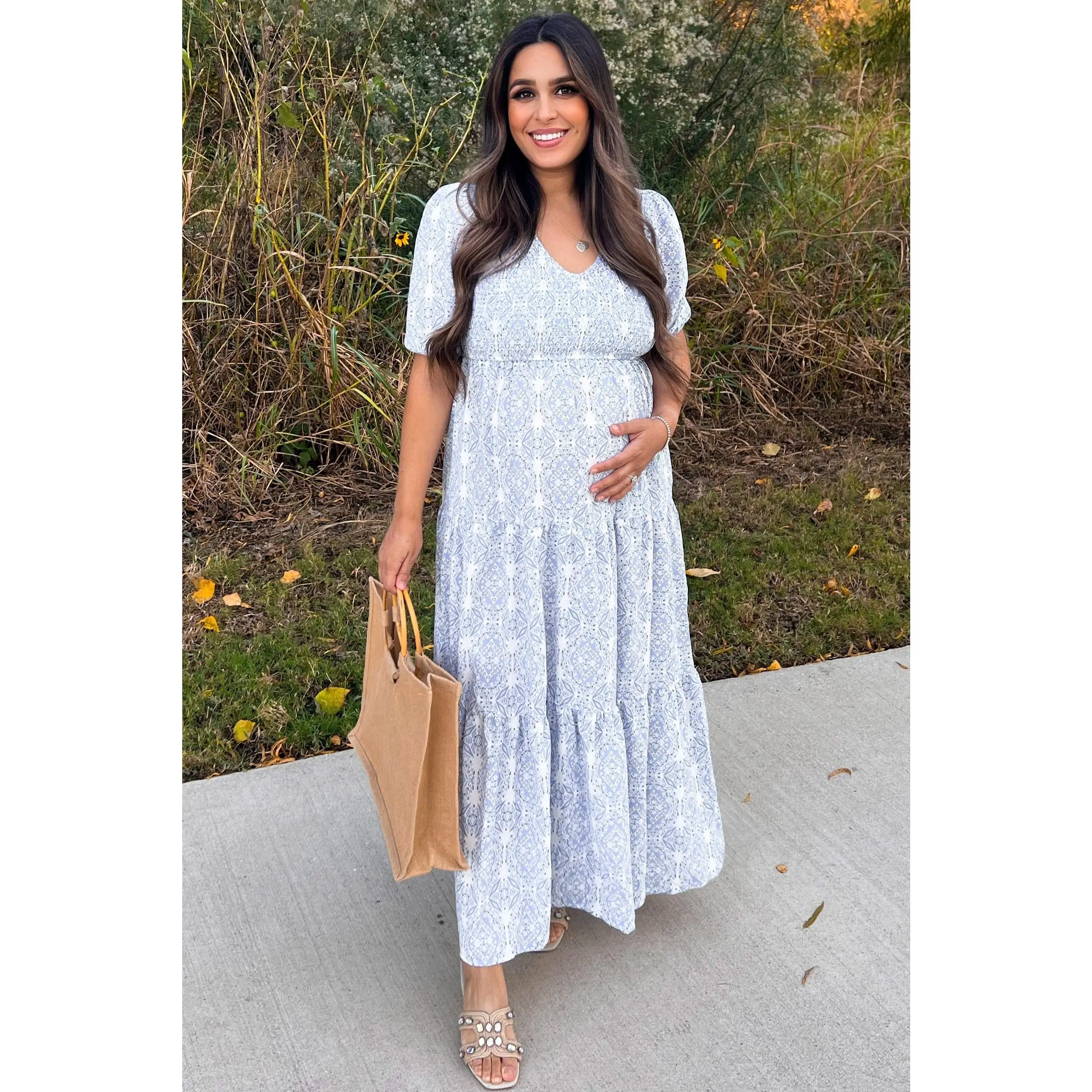 Maternity Maxi Dress, Blue Paisley Print, Smocked Tiered Design, Maternity Clothes, Pregnancy Outfits with Short Sleeve Tops & Pockets, Maxi Length, Ruffle Hem