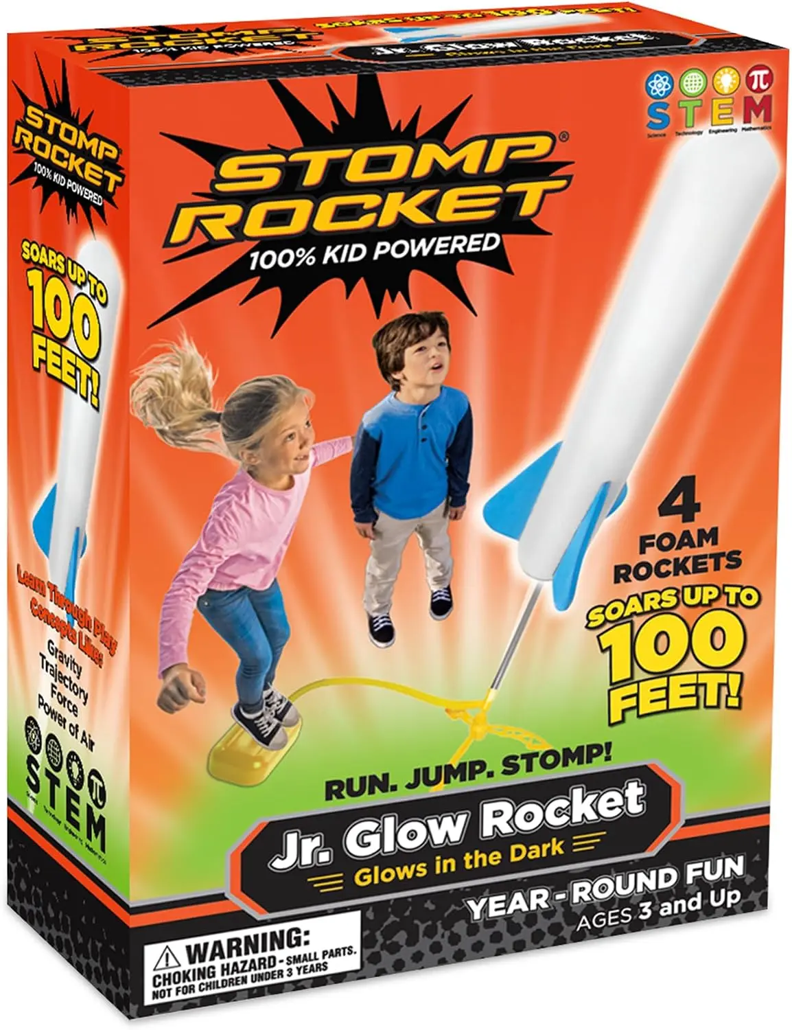 Stomp Rocket Jr. Glow Rocket Launcher for Kids, 4 Glow-in-the-Dark Foam Rockets, Outdoor STEM Toy for Ages 3+, Active Play Gift