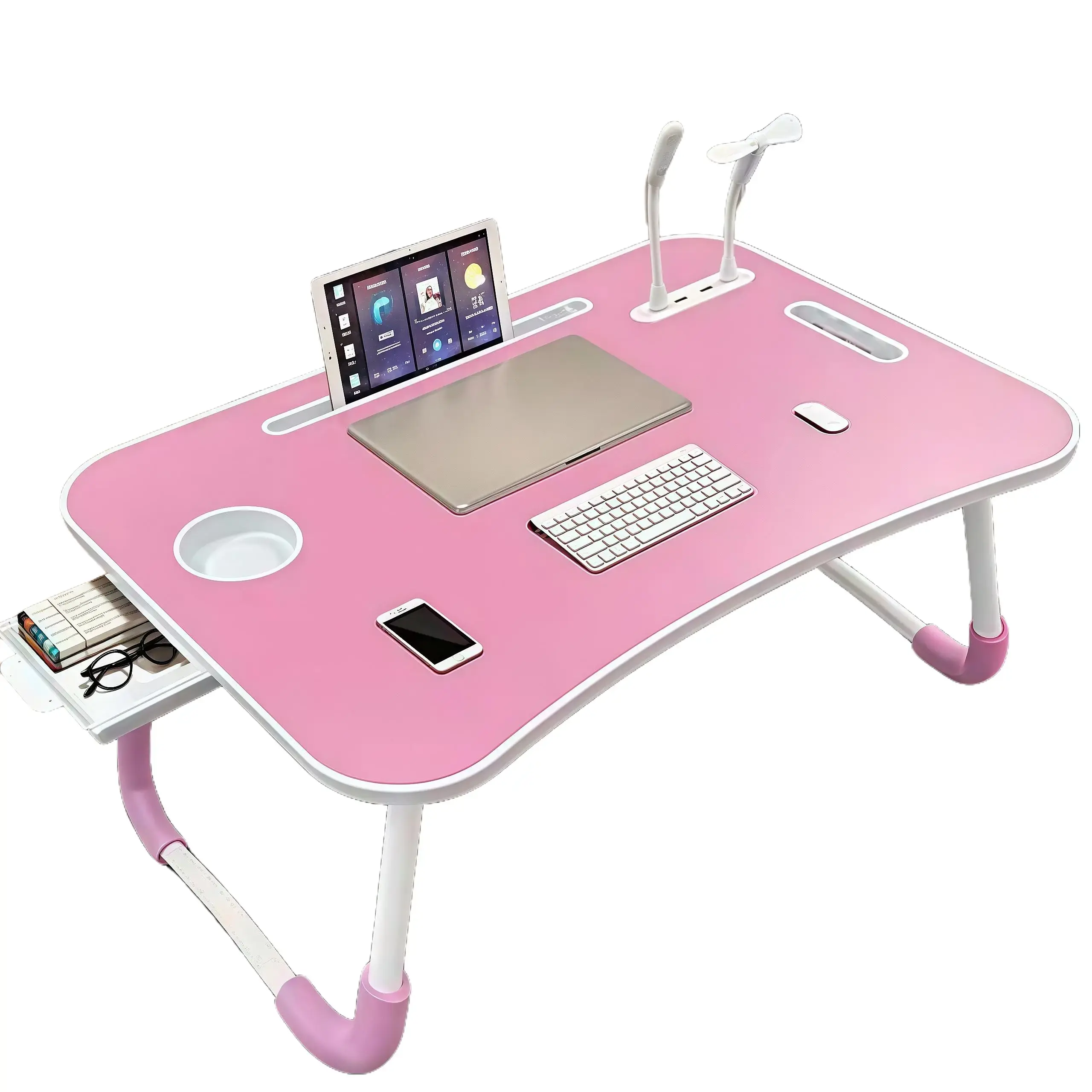 Lap Desk with Tablet Slot, Foldable Laptop Table with Storage Drawer for Bed，Portable Bed Desk for Laptop, Computer Tray with Cup Holder Notebook Stand Reading Holder for Couch Floor,