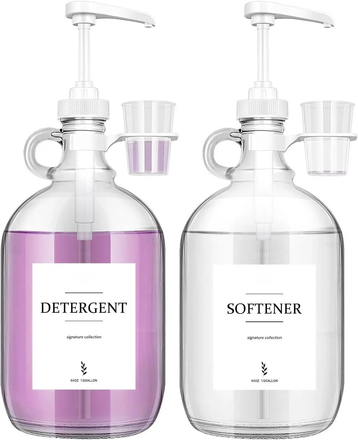 2 count Glass Liquid Laundry Detergent Dispenser with Cup Holders, Half Gallon Dispenser for Laundry Room (64 oz. Each), Laundry Detergent Bottles with Pump Dispenser -Includes Labels, Measuring Cups