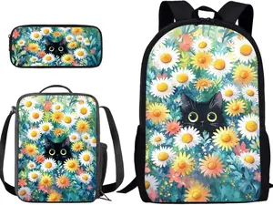 Kids' 3-Piece Daisy Floral Hidden Black Cat Graphic Basketball Equipment Backpack Set - Skin-Friendly Waterproof Polyester, Fresh Green Watercolor Full Print, Ergonomic Cushioned Comfort for Sports & Outdoor Use