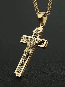 Catholic Jesus Christ Cross Pendant Necklace, Stainless Steel Chain, 24 Inches, Elegant Daily Wear, Christian Faith Necklace Gift for Men and Women