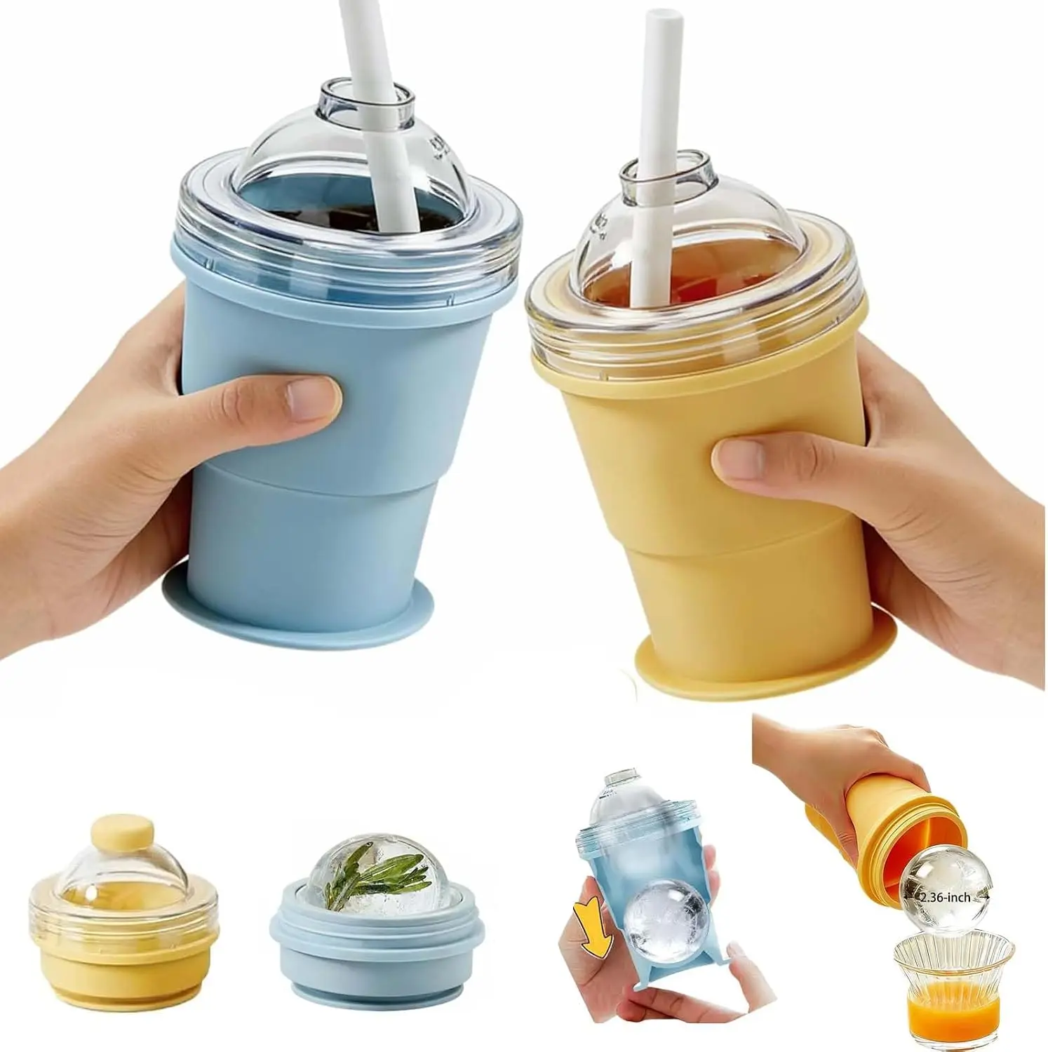 2-in-1 Foldable Ice Hockey Cup with Straw,Silicone Ice Cube Beverage Cup with Ice Ball Mold,Beverage Cup, Leak Proof Lid, Portable for Freezer, Leak Proof Lid,Portable for Freezer,Travel,Gym & Home Use(Blue/Yellow,11oz)