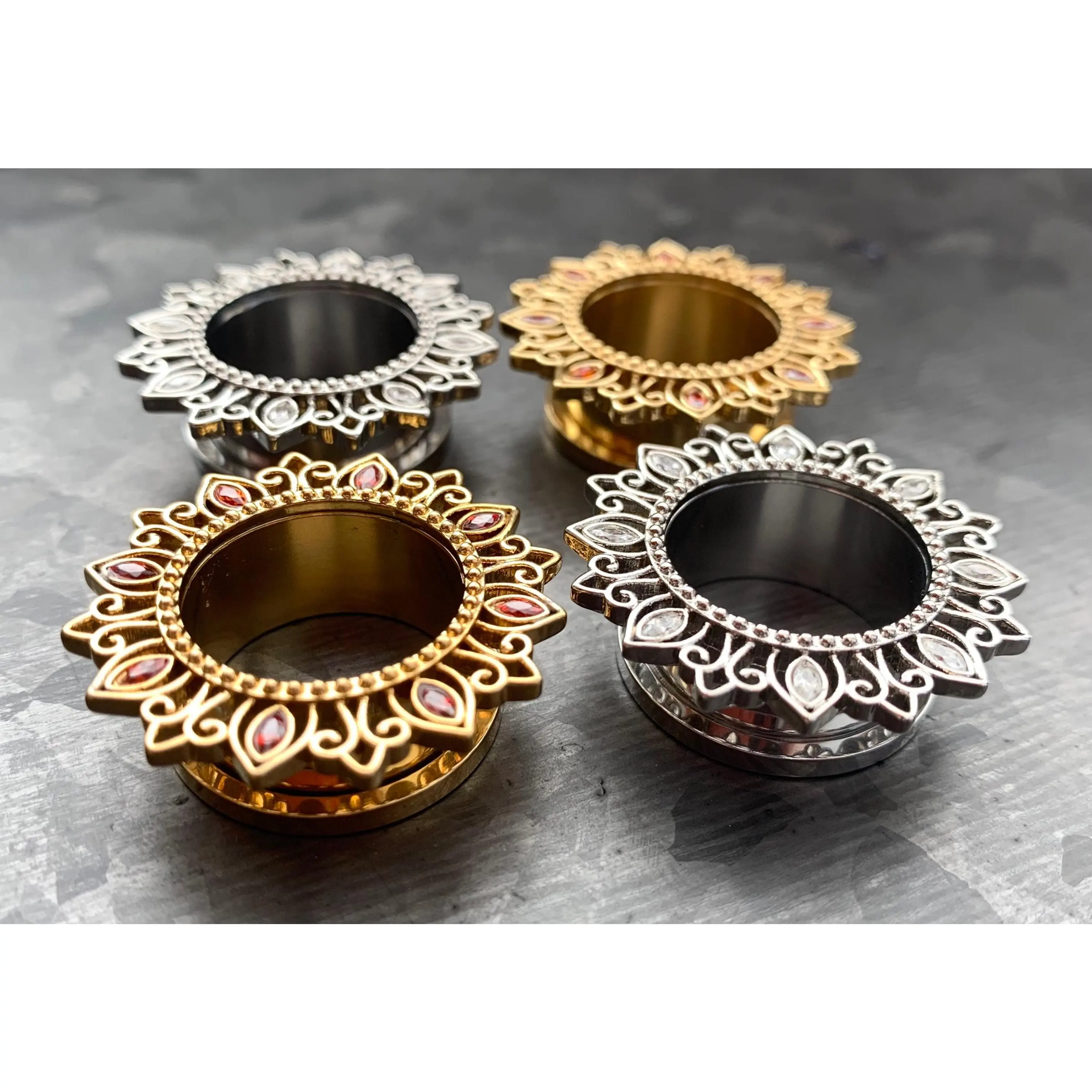 PAIR of Stunning Tribal Lotus Flower with  CZ Gem Petals Screw Fit Tunnels/Plugs - Silver or Gold - Gauges 2g (6mm) thru 1"(25mm)