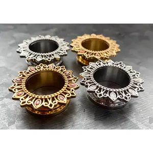 PAIR of Stunning Tribal Lotus Flower with  CZ Gem Petals Screw Fit Tunnels/Plugs - Silver or Gold - Gauges 2g (6mm) thru 1"(25mm)