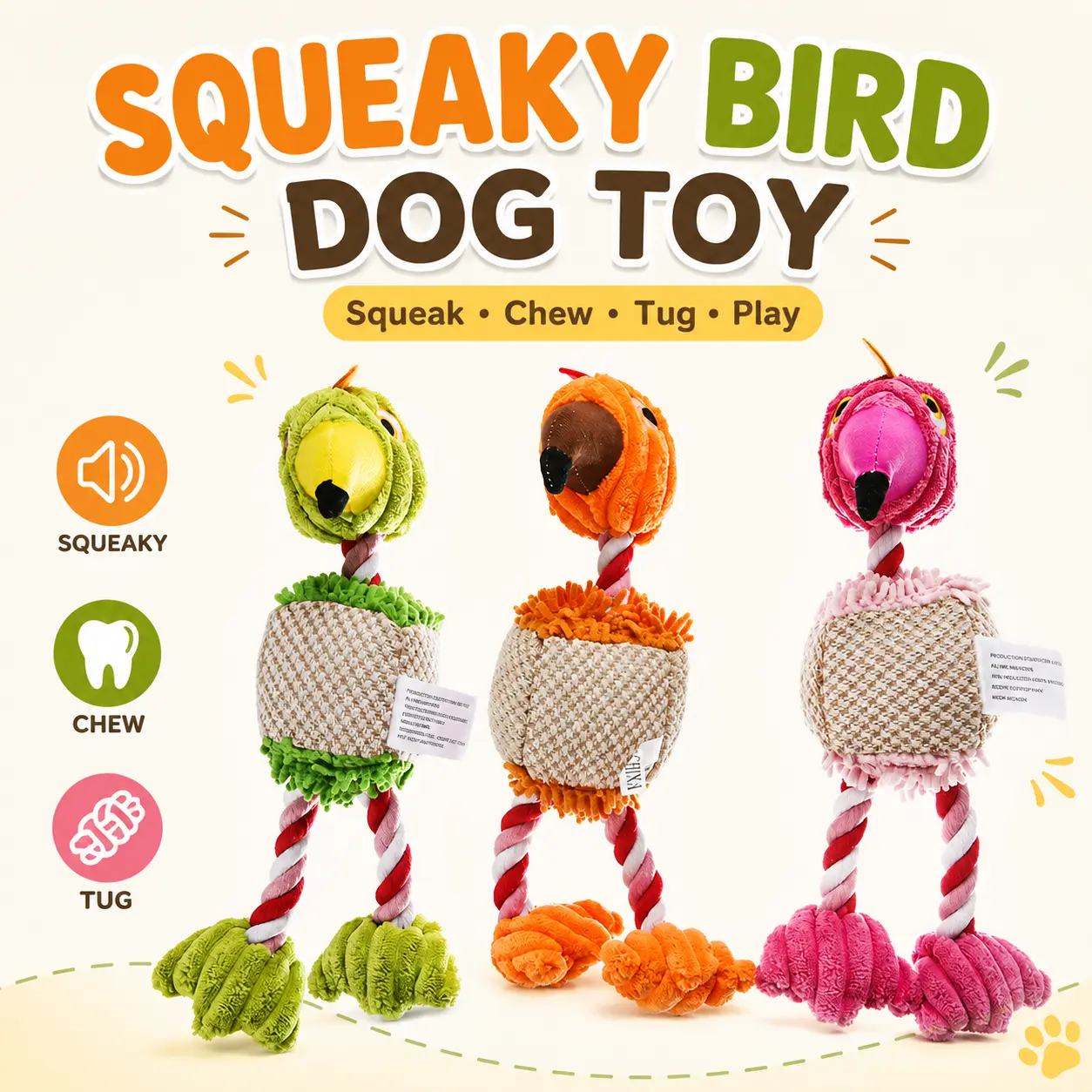Universal Rope-Plush Dog Toy - Durable Chew Tug with Squeaker, Interactive for Puppies & Dogs, Ideal for Teeth Relief & Fetch Play